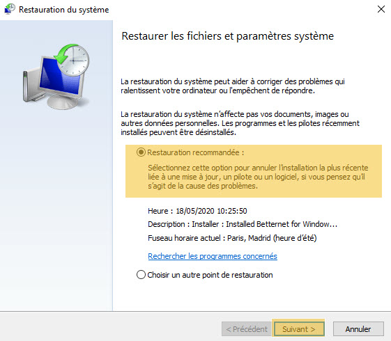 Restauration PC Windows 10